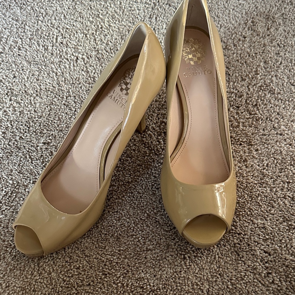 Vince Camuto Glossy Peep-Toe Heels in Beige